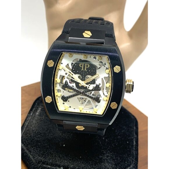 Philipp Plein Mens Watch PWBAA0521 Skull Automatic Silver Black Rubber Band 44mm - Picture 1 of 15